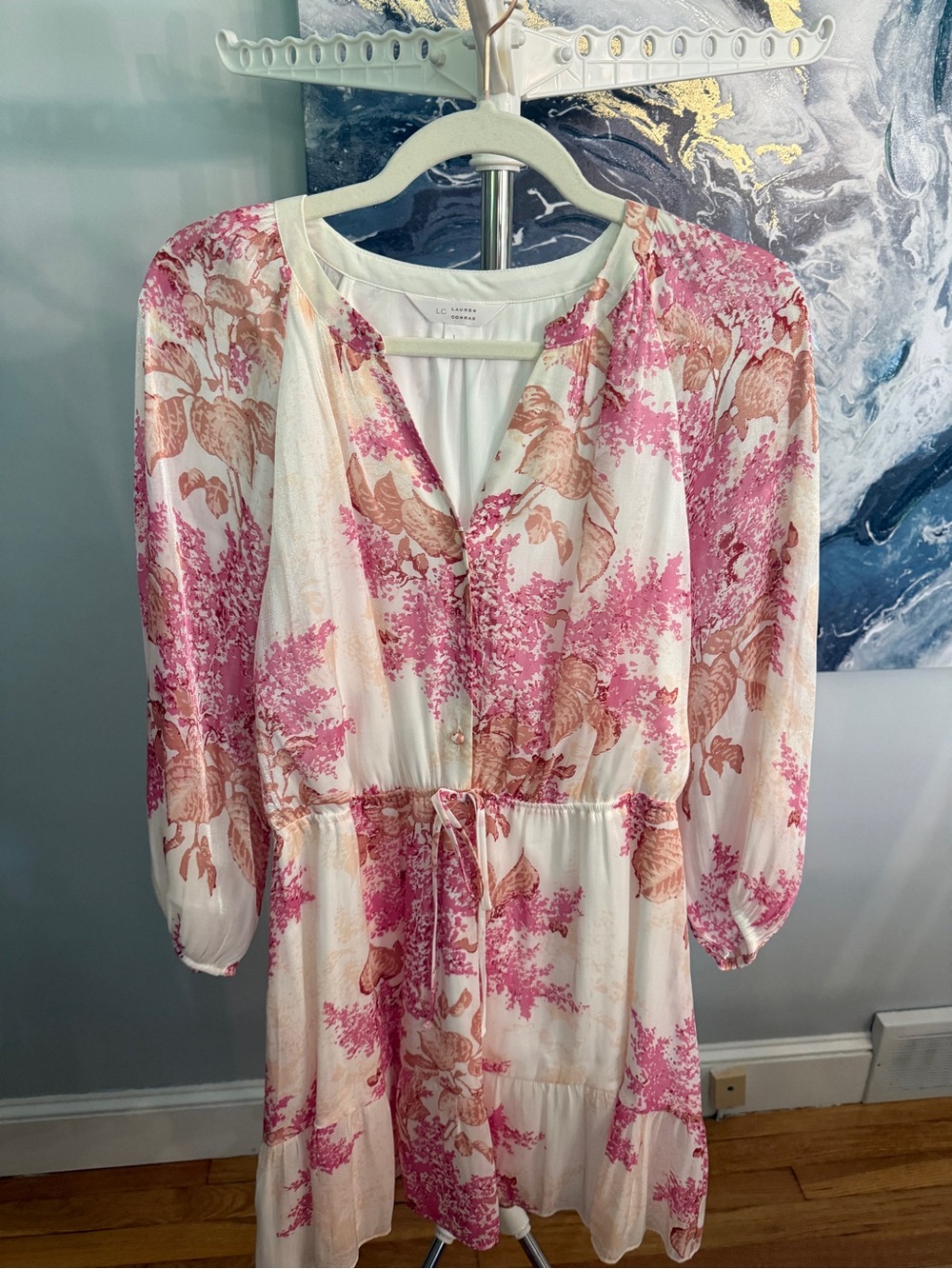 LC Lauren Conrad Pink and Cream Floral Long Sleeve Drawstring Dress